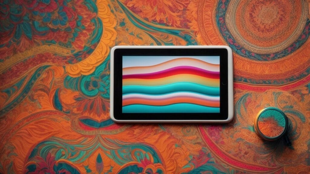 An ipad displaying coloring apps on a colorful background.