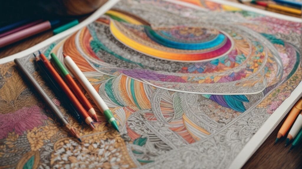 A therapeutic coloring book with colored pencils on a wooden table.