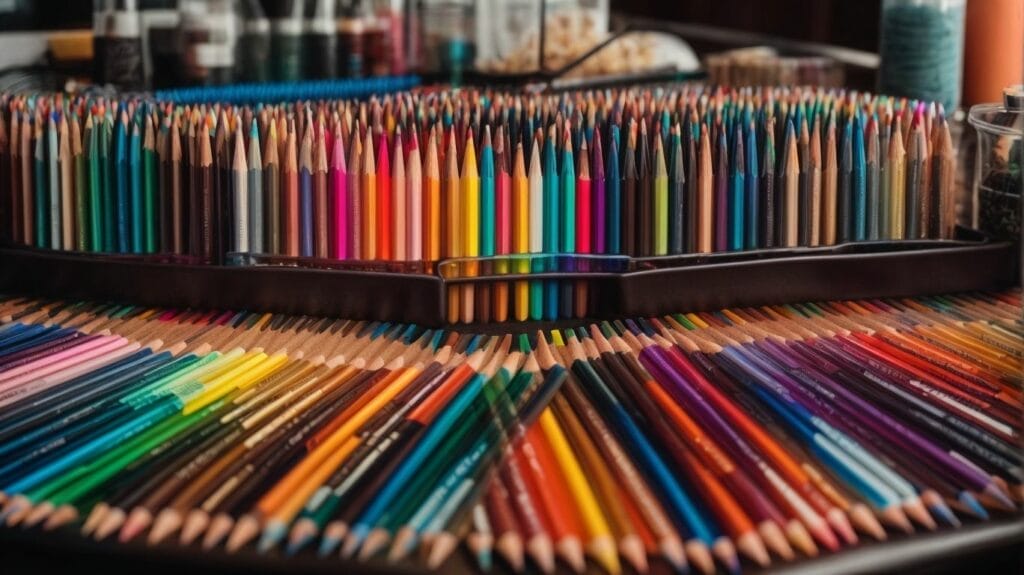 Many adults-colored pencils are arranged on a table.