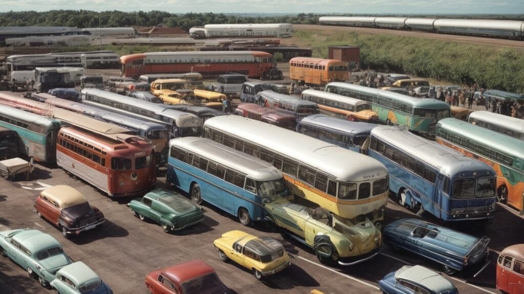 A large group of buses, transportation, parked in a parking lot.