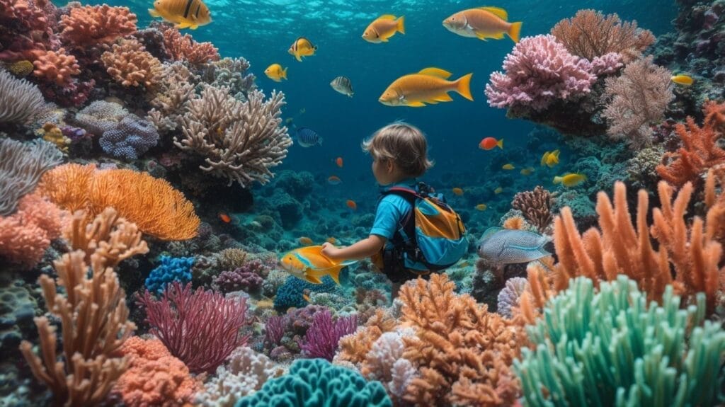 A young boy is exploring an underwater adventure, mesmerized by the vibrant colors of a coral reef.