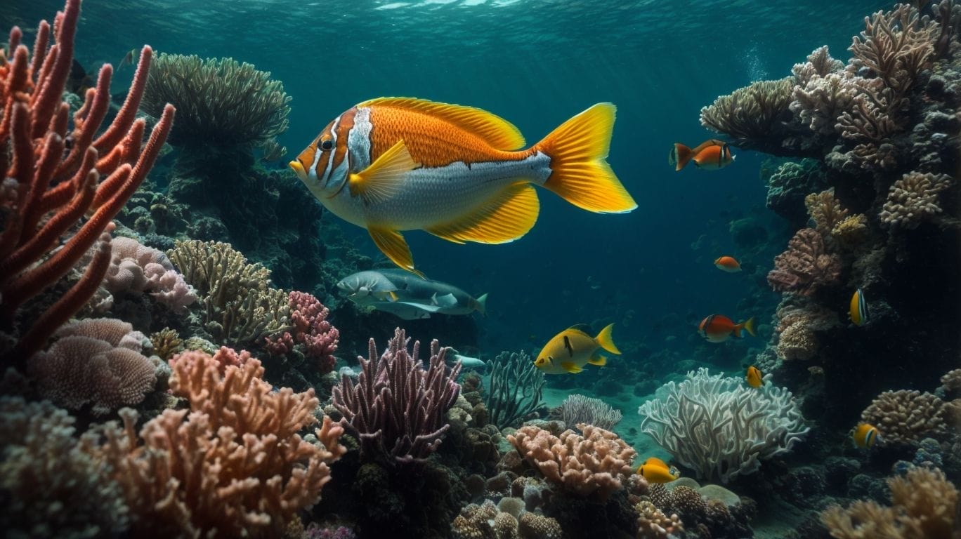 An orange and yellow fish swims among the mesmerizing corals in the vibrant underwater world.