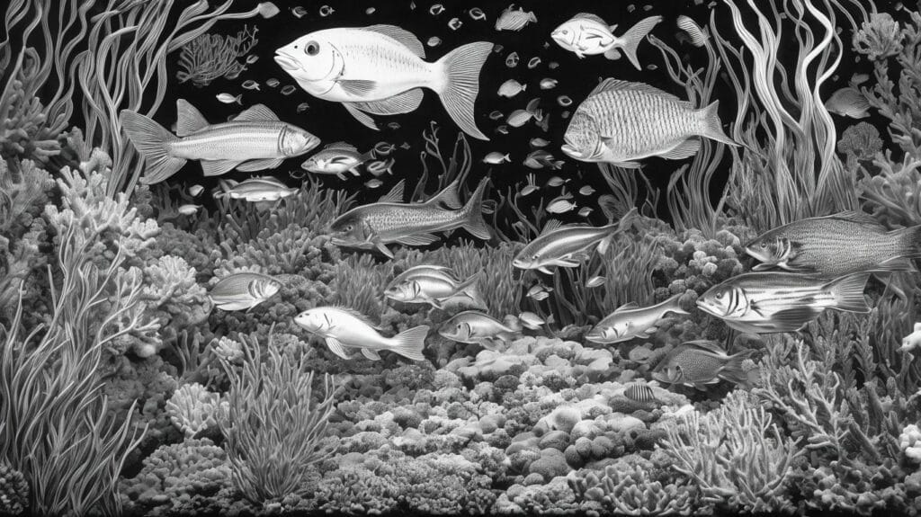 A black and white drawing of an underwater world.