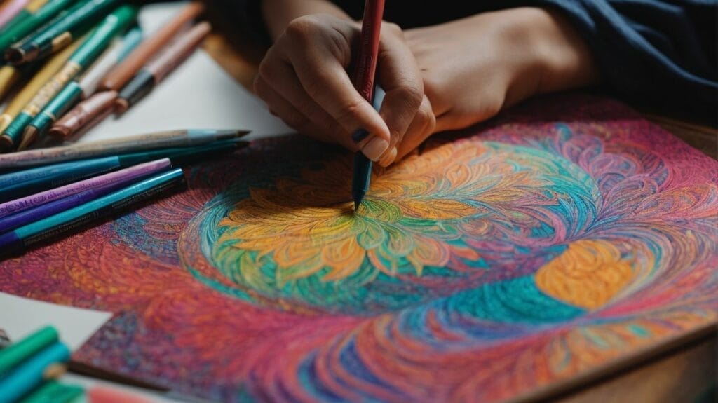A person drawing with colored pencils on a piece of paper filled with Coloring Pages.