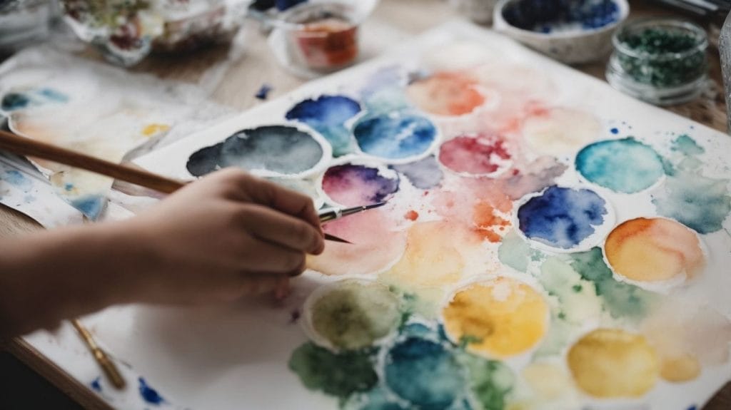 A child is using watercolors to paint on a piece of paper.